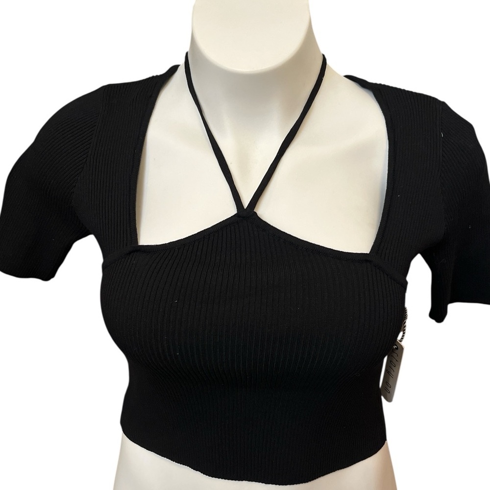Story On Black Ribbed Women's Crop Top with Tie Neck NWT